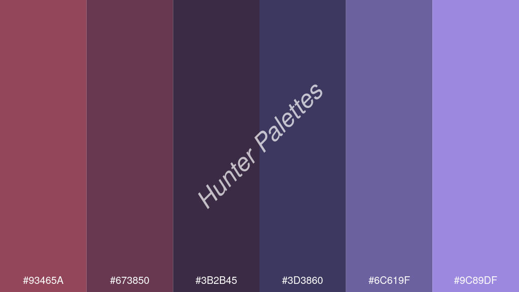 tengerészkék szín palettája a következőkkel: #93465a #673850 #3b2b45 #3d3860 #6c619f #9c89df