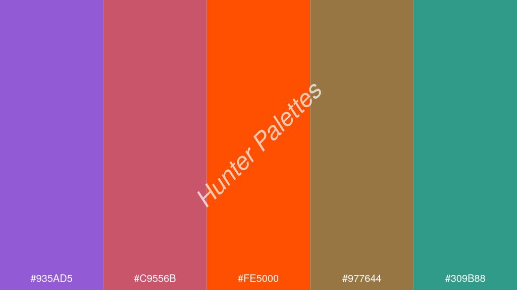 Pantone narancs szín palettája a következőkkel: #935ad5 #c9556b #fe5000 #977644 #309b88