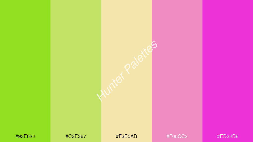 vanília szín palettája a következőkkel: #93e022 #c3e367 #f3e5ab #f08cc2 #ed32d8