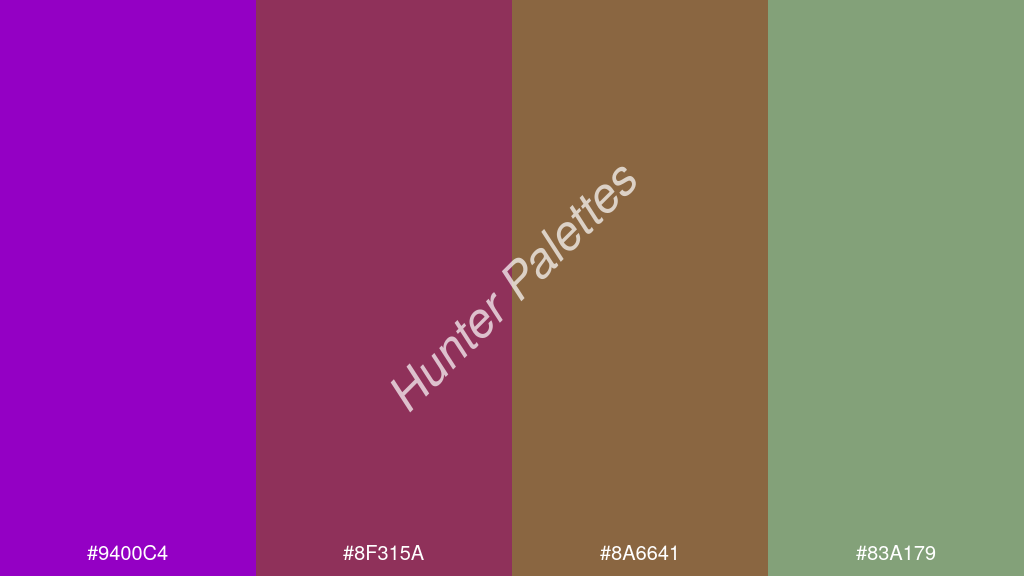 barna szín palettája a következőkkel: #9400c4 #8f315a #8a6641 #83a179