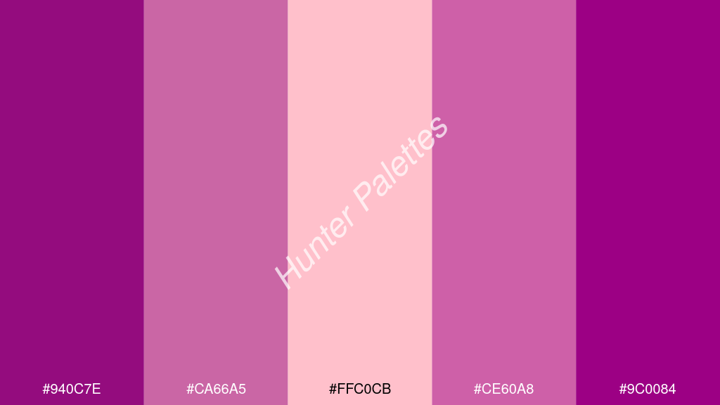 rózsaszín szín palettája a következőkkel: #940c7e #ca66a5 #ffc0cb #ce60a8 #9c0084