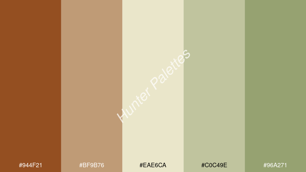 gyöngyház fehér szín palettája a következőkkel: #944f21 #bf9b76 #eae6ca #c0c49e #96a271
