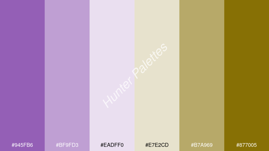 fehér szín palettája a következőkkel: #945fb6 #bf9fd3 #eadff0 #e7e2cd #b7a969 #877005