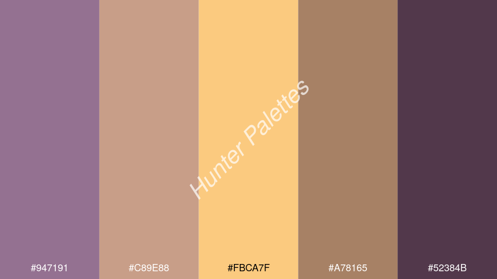 dinnye szín palettája a következőkkel: #947191 #c89e88 #fbca7f #a78165 #52384b