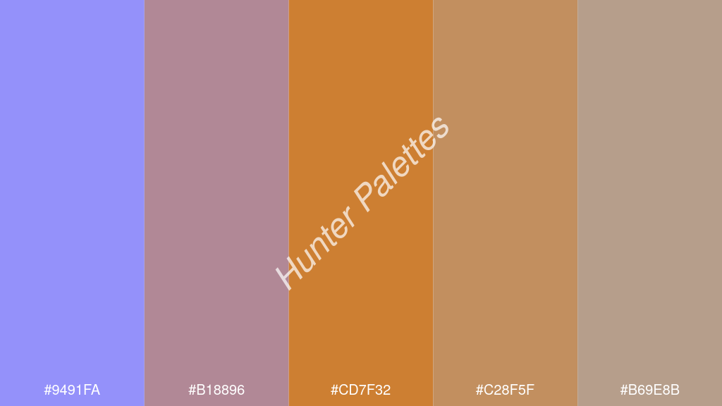 bronz szín palettája a következőkkel: #9491fa #b18896 #cd7f32 #c28f5f #b69e8b