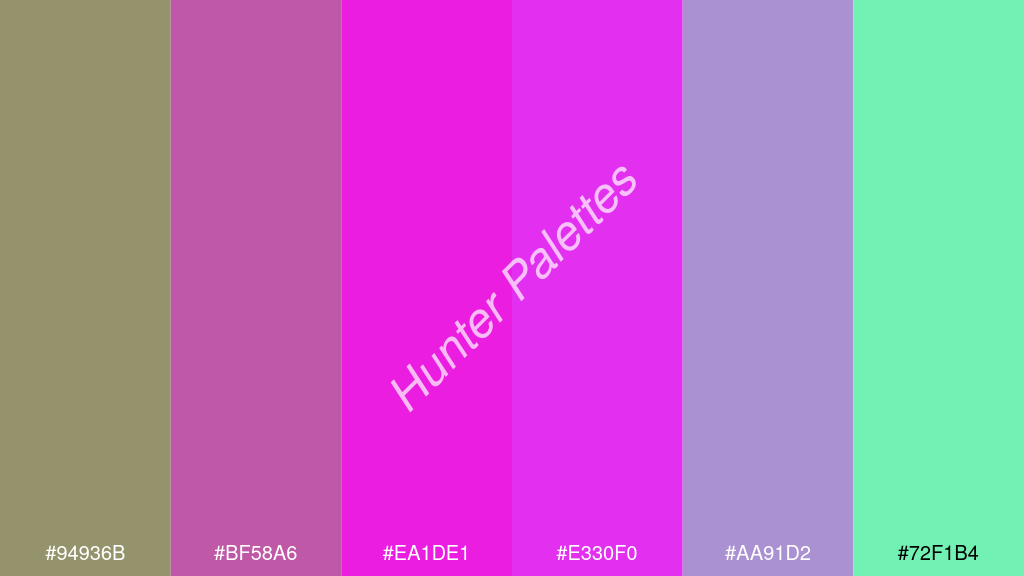 magenta szín palettája a következőkkel: #94936b #bf58a6 #ea1de1 #e330f0 #aa91d2 #72f1b4