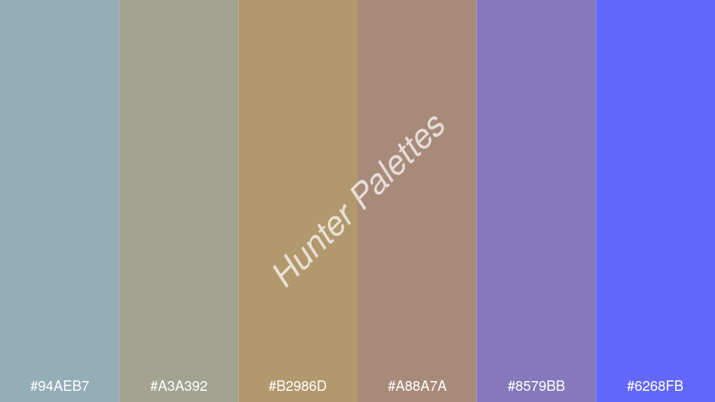 okker szín palettája a következőkkel: #94aeb7 #a3a392 #b2986d #a88a7a #8579bb #6268fb