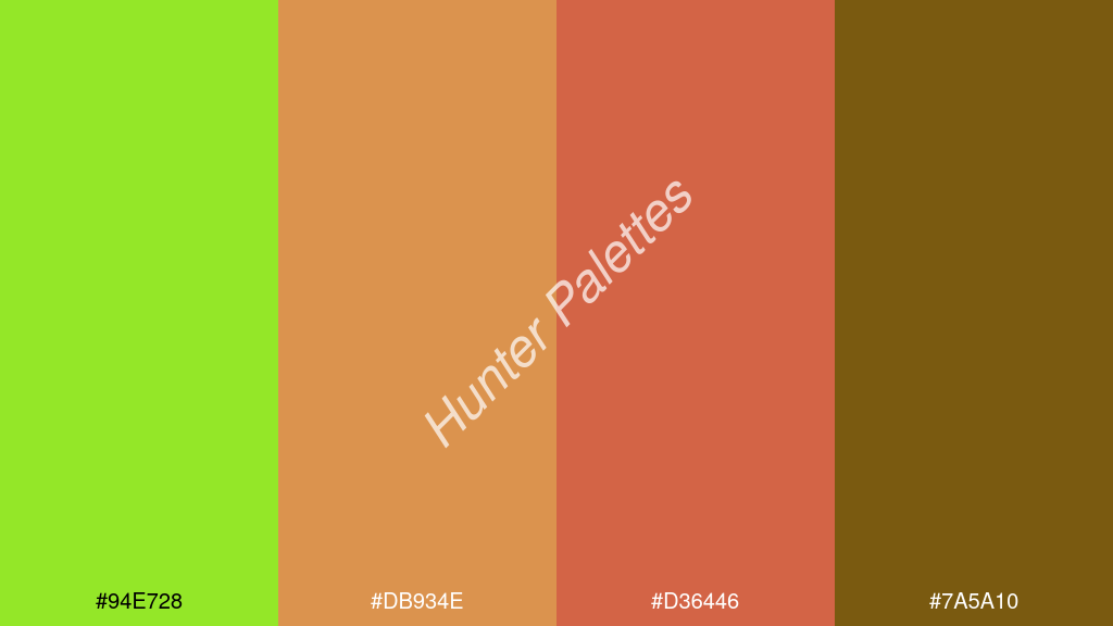 pasztell piros szín palettája a következőkkel: #94e728 #db934e #d36446 #7a5a10