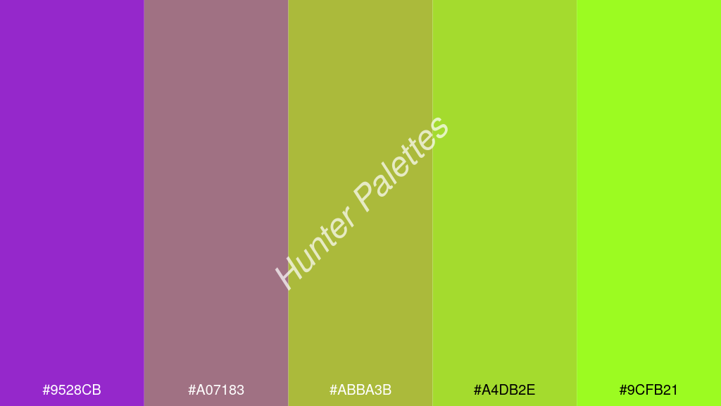 kivi szín palettája a következőkkel: #9528cb #a07183 #abba3b #a4db2e #9cfb21