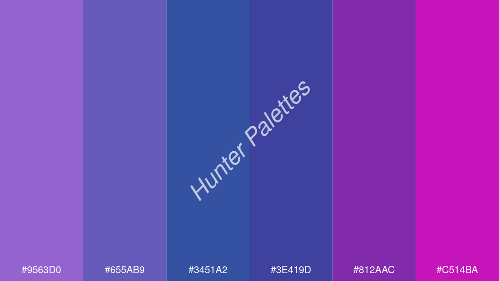 indigókék szín palettája a következőkkel: #9563d0 #655ab9 #3451a2 #3e419d #812aac #c514ba