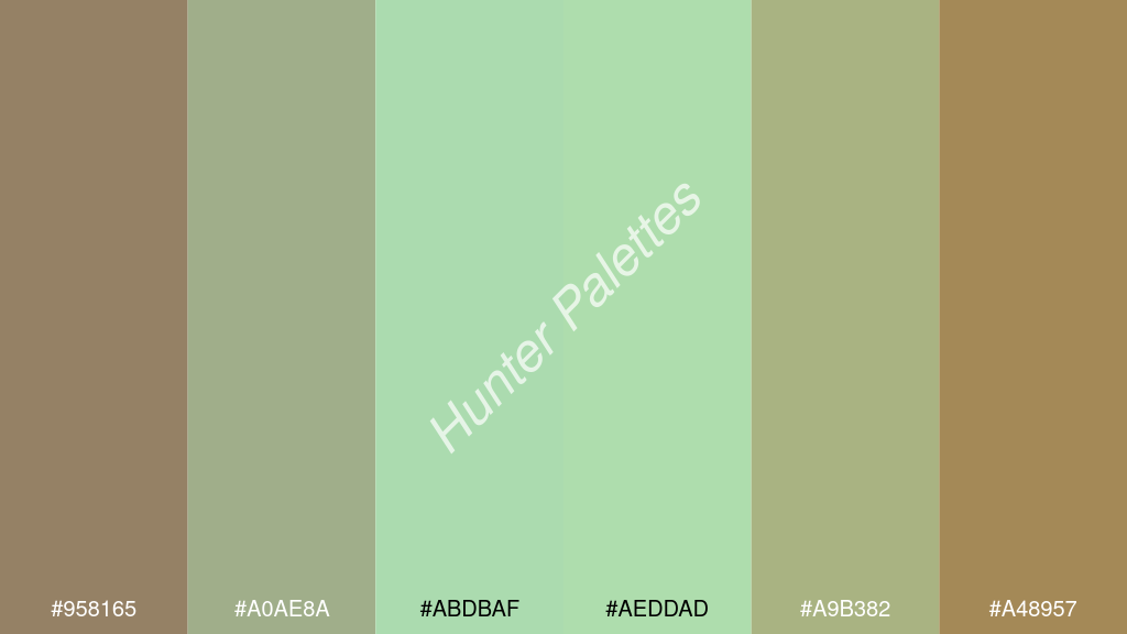 pasztellzöld szín palettája a következőkkel: #958165 #a0ae8a #abdbaf #aeddad #a9b382 #a48957