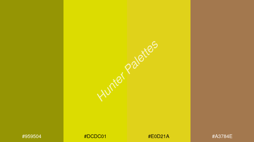 sárga szín palettája a következőkkel: #959504 #dcdc01 #e0d21a #a3784e