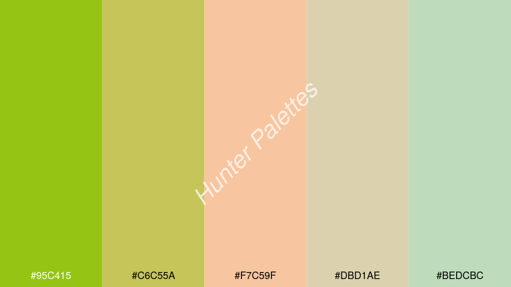 őszibarack szín palettája a következőkkel: #95c415 #c6c55a #f7c59f #dbd1ae #bedcbc