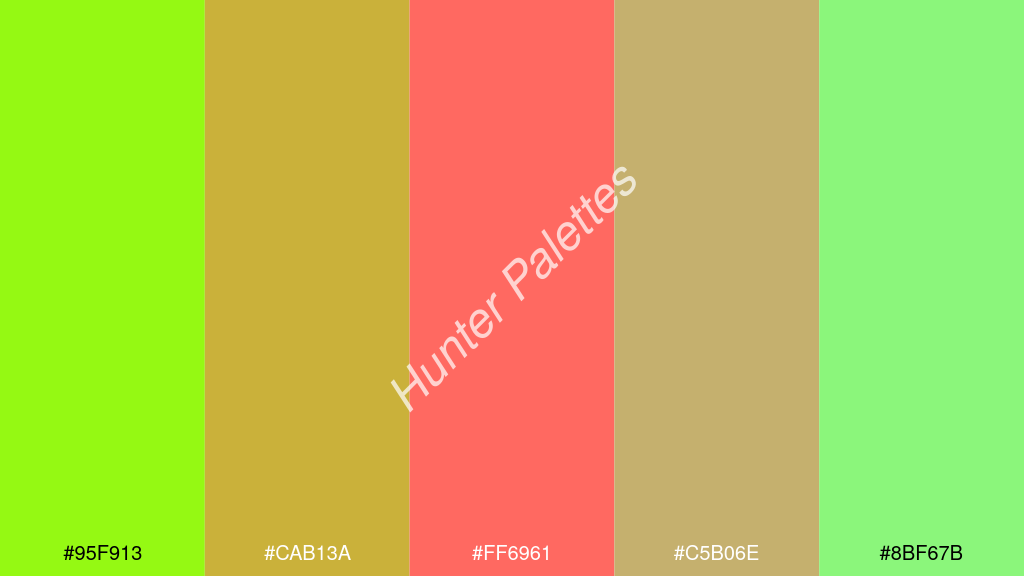 pasztell piros szín palettája a következőkkel: #95f913 #cab13a #ff6961 #c5b06e #8bf67b