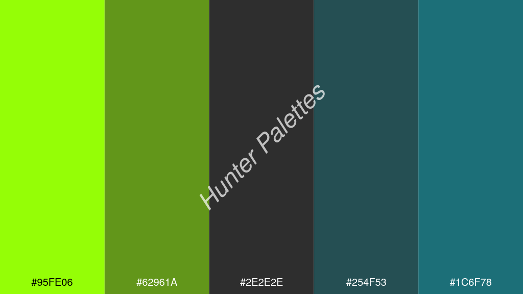 sötét szürke szín palettája a következőkkel: #95fe06 #62961a #2e2e2e #254f53 #1c6f78