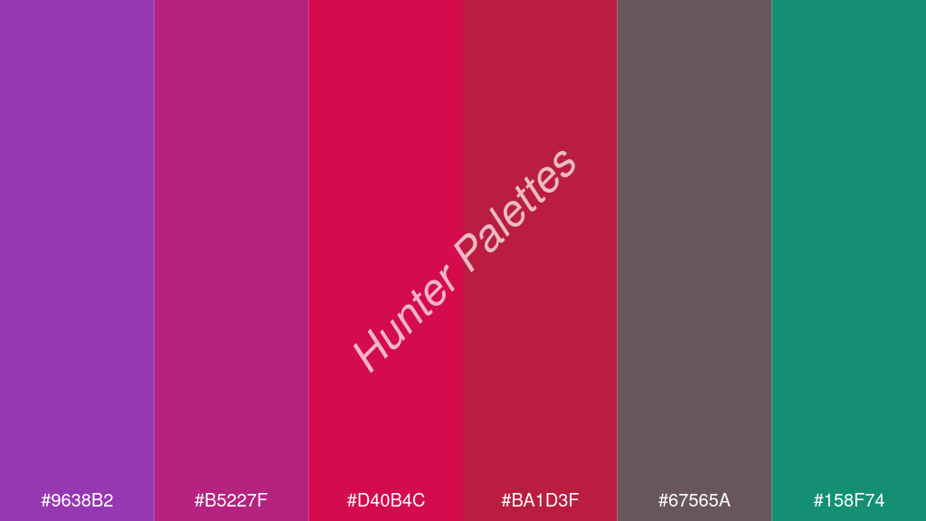 skarlát szín palettája a következőkkel: #9638b2 #b5227f #d40b4c #ba1d3f #67565a #158f74