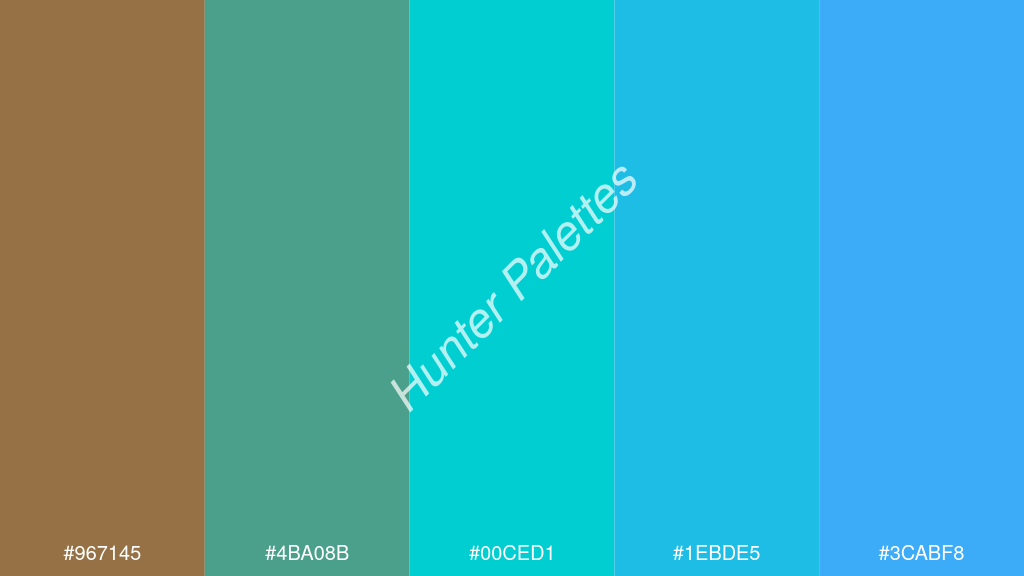 sötét türkiz szín palettája a következőkkel: #967145 #4ba08b #00ced1 #1ebde5 #3cabf8