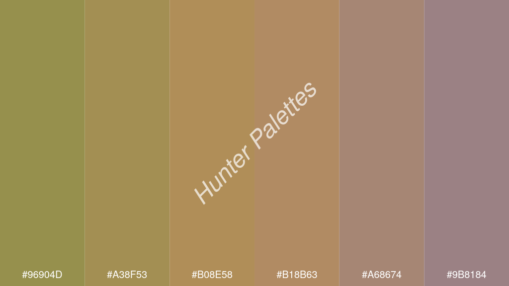 kalua szín palettája a következőkkel: #96904d #a38f53 #b08e58 #b18b63 #a68674 #9b8184