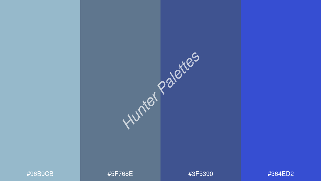 kékes szürke szín palettája a következőkkel: #96b9cb #5f768e #3f5390 #364ed2