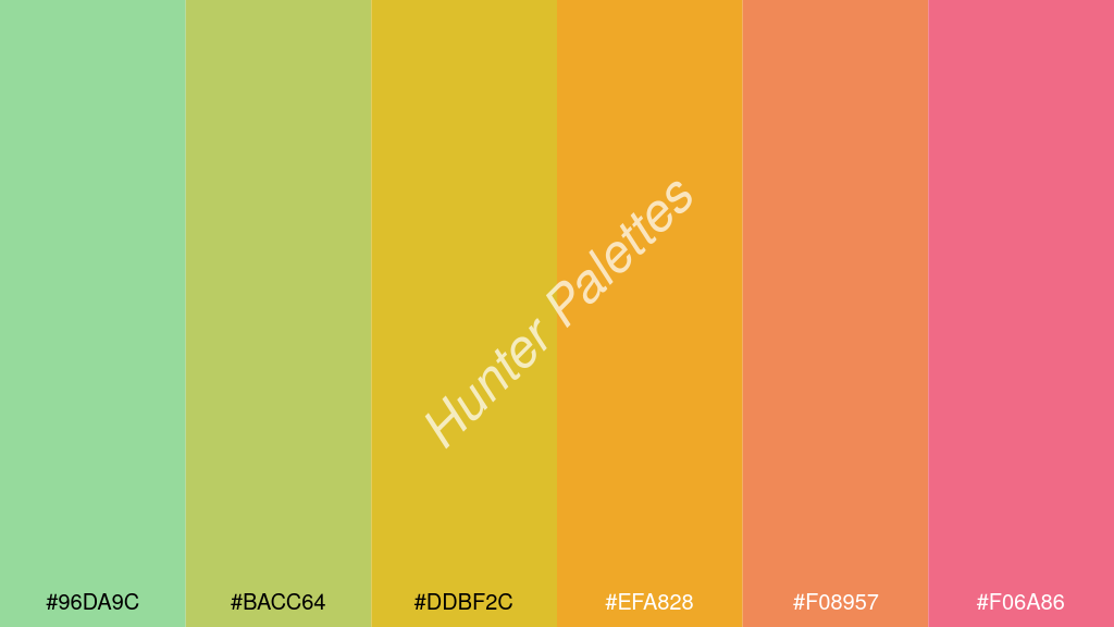 arany szín palettája a következőkkel: #96da9c #bacc64 #ddbf2c #efa828 #f08957 #f06a86