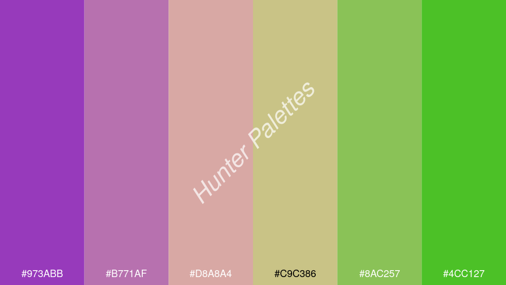 bézs szín palettája a következőkkel: #973abb #b771af #d8a8a4 #c9c386 #8ac257 #4cc127