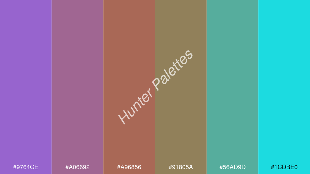 karamell szín palettája a következőkkel: #9764ce #a06692 #a96856 #91805a #56ad9d #1cdbe0