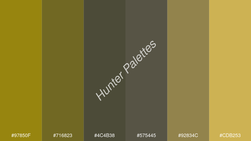 oxford szürke szín palettája a következőkkel: #97850f #716823 #4c4b38 #575445 #92834c #cdb253