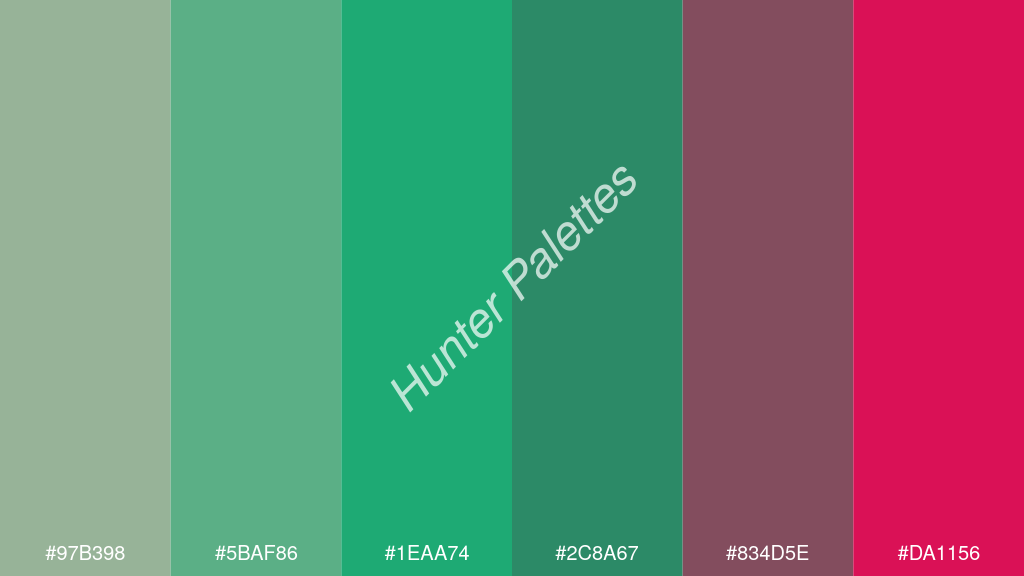 jáde szín palettája a következőkkel: #97b398 #5baf86 #1eaa74 #2c8a67 #834d5e #da1156
