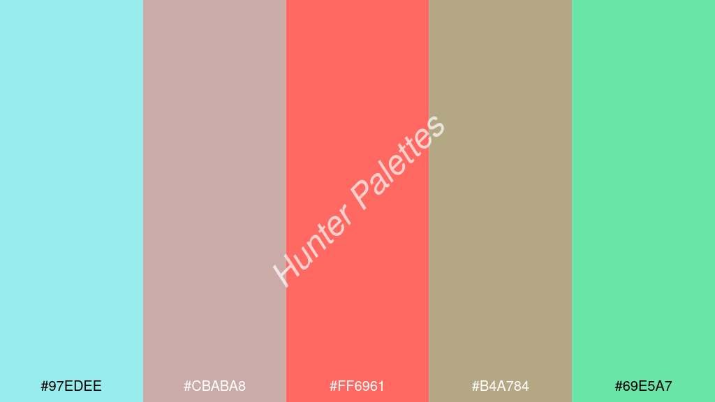 pasztell piros szín palettája a következőkkel: #97edee #cbaba8 #ff6961 #b4a784 #69e5a7