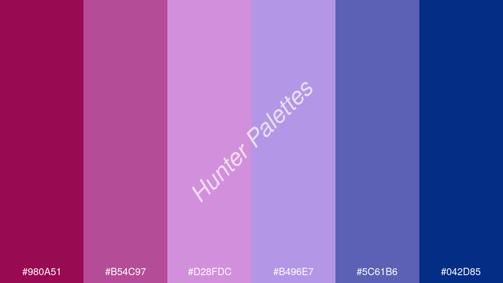 mályva szín palettája a következőkkel: #980a51 #b54c97 #d28fdc #b496e7 #5c61b6 #042d85