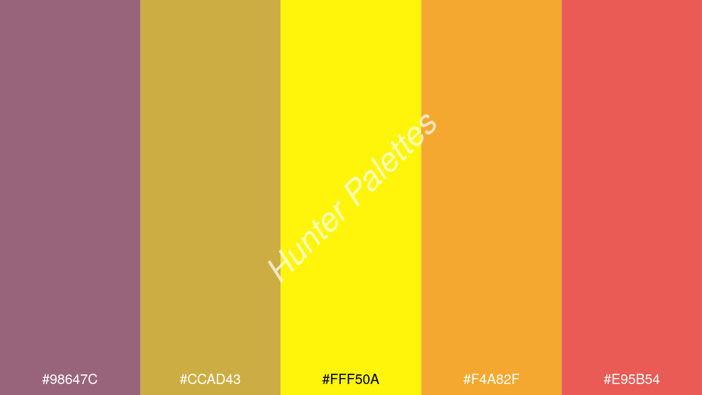 neon sárga szín palettája a következőkkel: #98647c #ccad43 #fff50a #f4a82f #e95b54