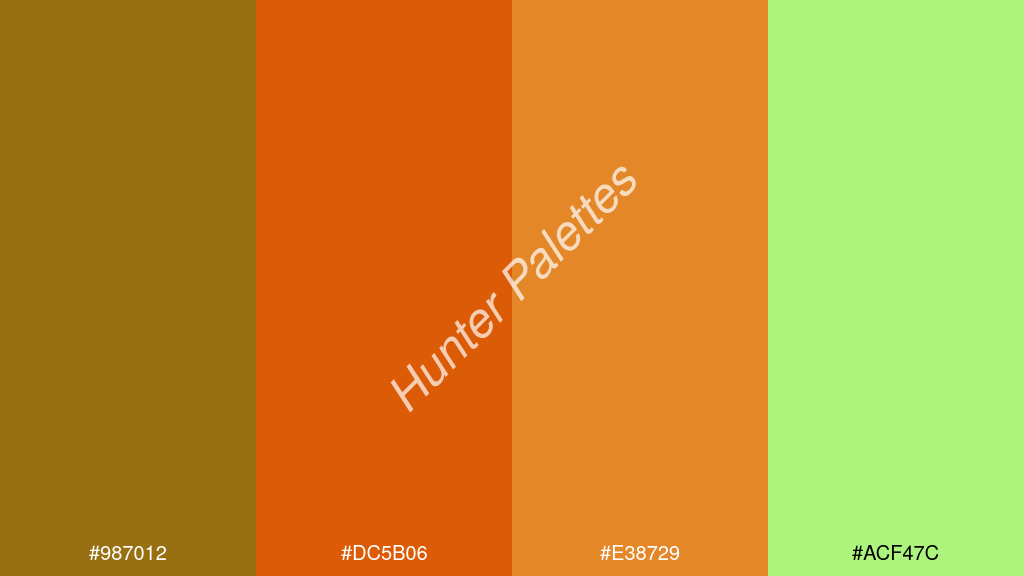 Pantone narancs szín palettája a következőkkel: #987012 #dc5b06 #e38729 #acf47c