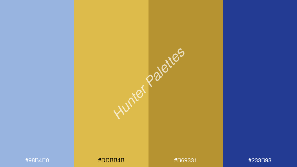 borostyán szín palettája a következőkkel: #98b4e0 #ddbb4b #b69331 #233b93