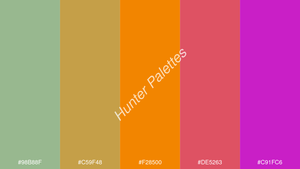mandarin szín palettája a következőkkel: #98b88f #c59f48 #f28500 #de5263 #c91fc6