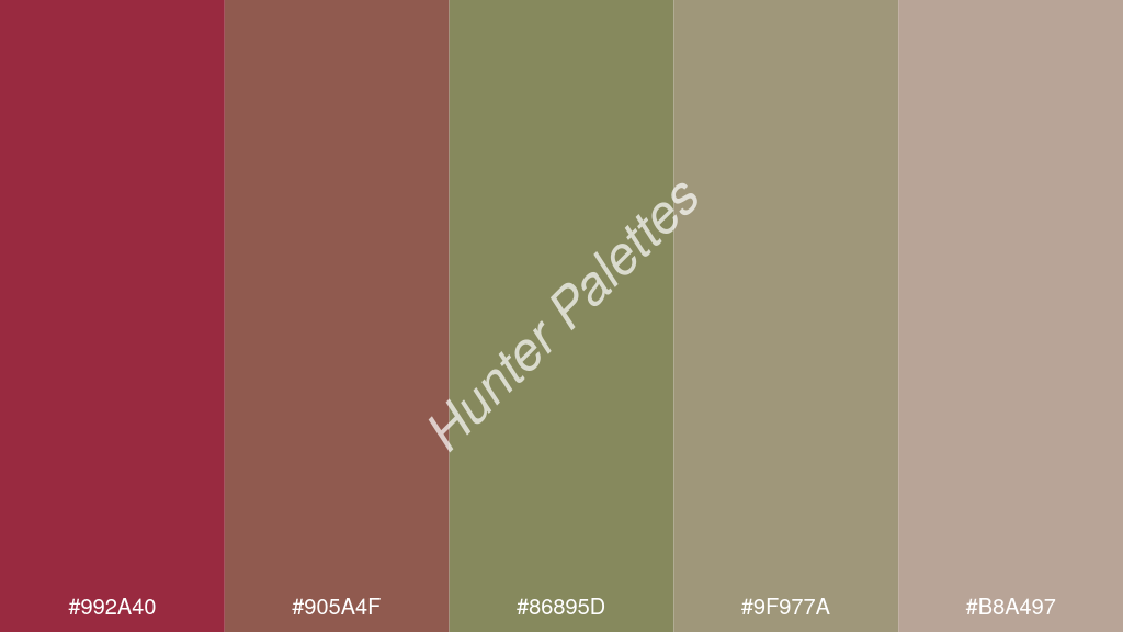 olívazöld szín palettája a következőkkel: #992a40 #905a4f #86895d #9f977a #b8a497