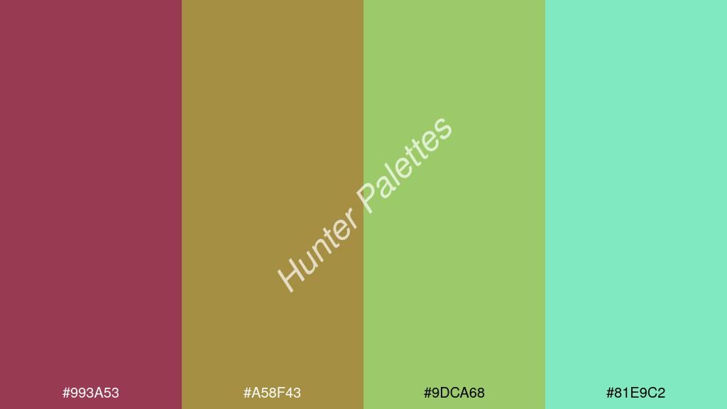 kivi szín palettája a következőkkel: #993a53 #a58f43 #9dca68 #81e9c2