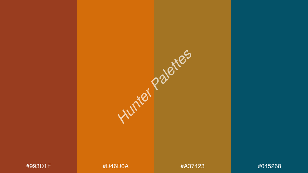 mandarin szín palettája a következőkkel: #993d1f #d46d0a #a37423 #045268