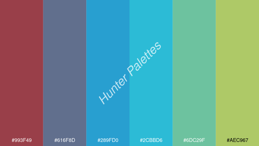 égszínkék szín palettája a következőkkel: #993f49 #616f8d #289fd0 #2cbbd6 #6dc29f #aec967