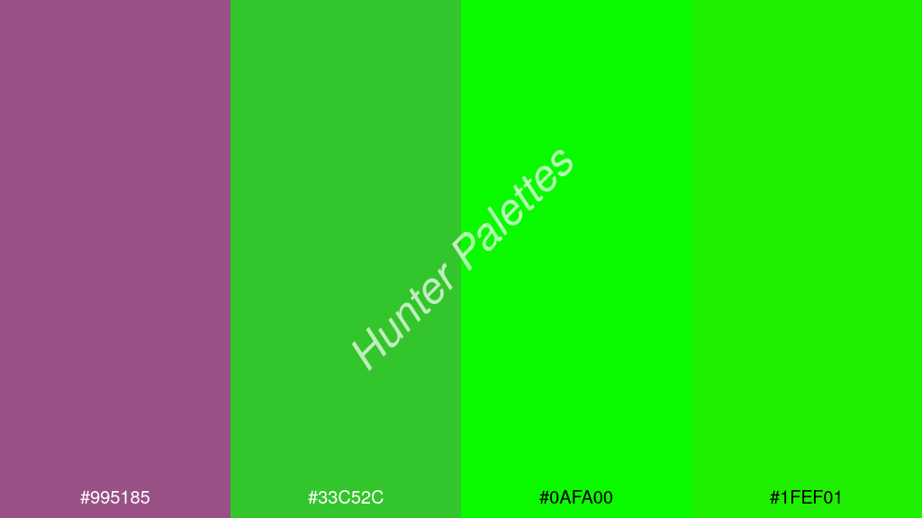zöld szín palettája a következőkkel: #995185 #33c52c #0afa00 #1fef01