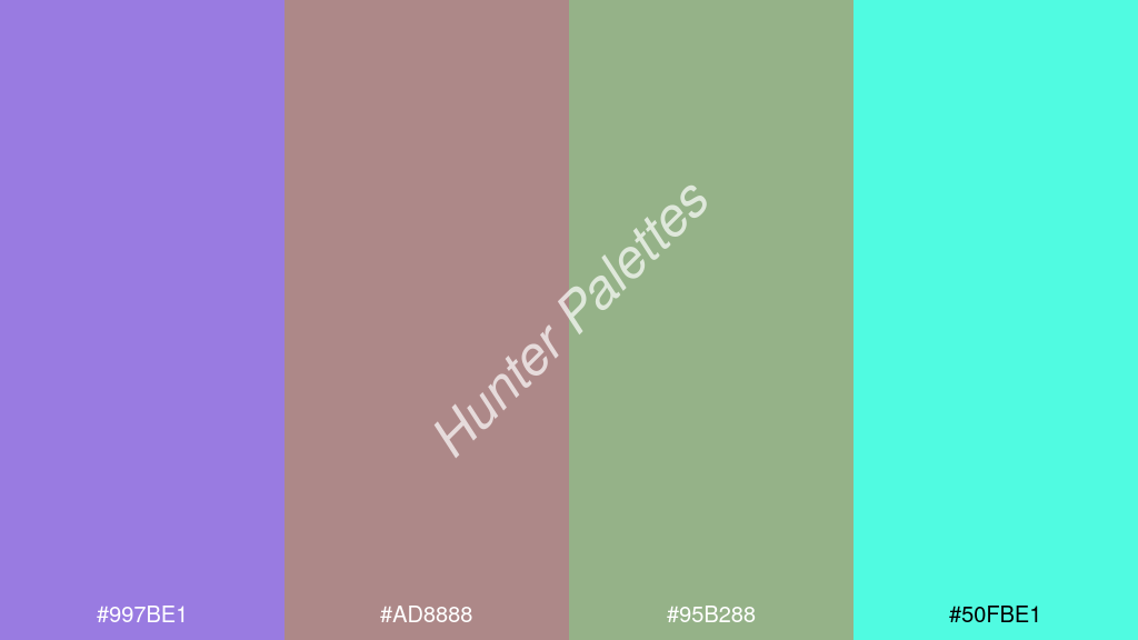 kalua szín palettája a következőkkel: #997be1 #ad8888 #95b288 #50fbe1