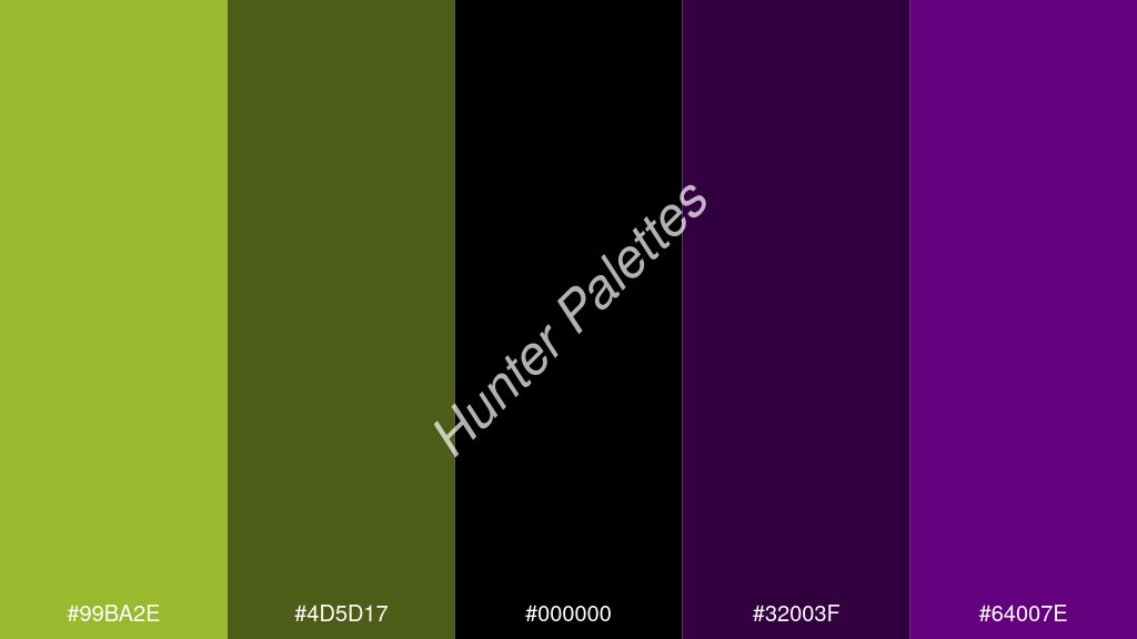 fekete szín palettája a következőkkel: #99ba2e #4d5d17 #000000 #32003f #64007e