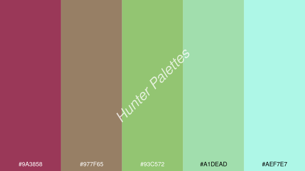 pisztáciazöld szín palettája a következőkkel: #9a3858 #977f65 #93c572 #a1dead #aef7e7