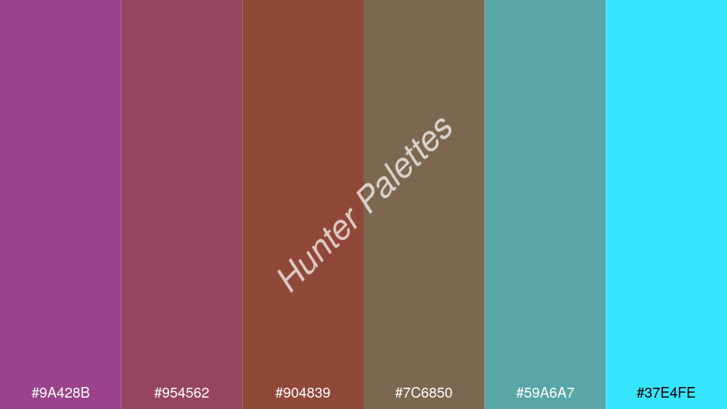 barna szín palettája a következőkkel: #9a428b #954562 #904839 #7c6850 #59a6a7 #37e4fe