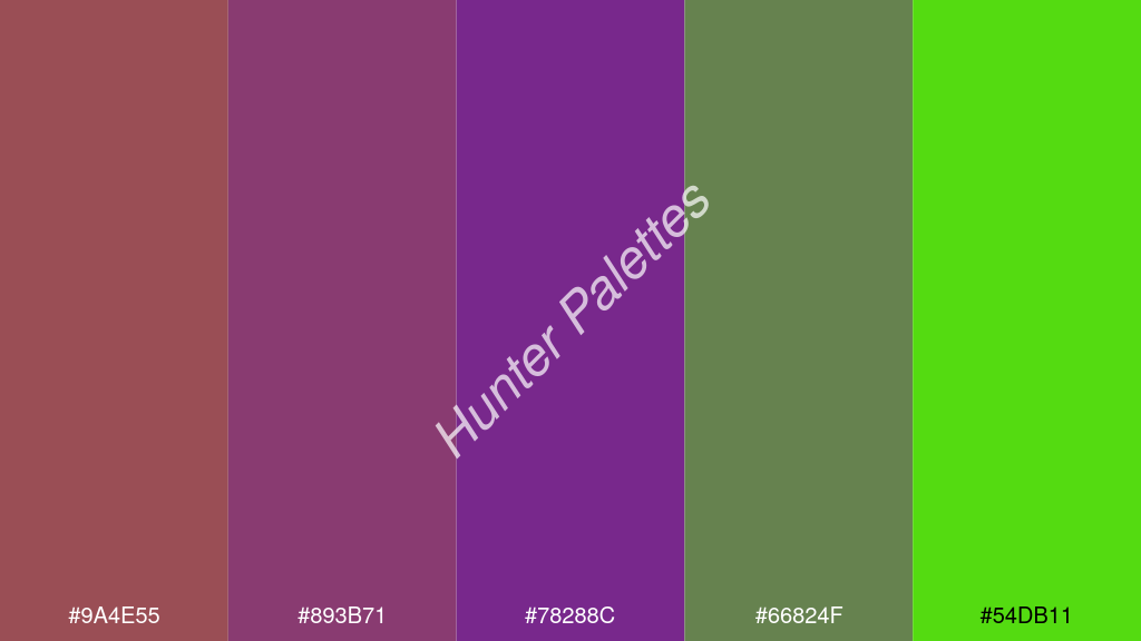 ibolya szín palettája a következőkkel: #9a4e55 #893b71 #78288c #66824f #54db11