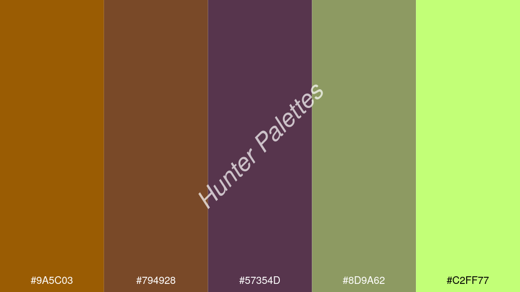 szilva szín palettája a következőkkel: #9a5c03 #794928 #57354d #8d9a62 #c2ff77