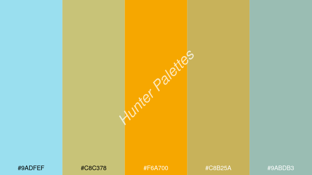 mustársárga szín palettája a következőkkel: #9adfef #c8c378 #f6a700 #c8b25a #9abdb3