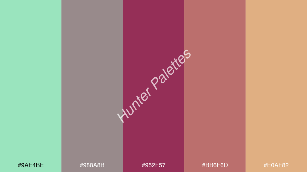 cseresznye szín palettája a következőkkel: #9ae4be #988a8b #952f57 #bb6f6d #e0af82