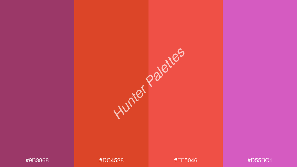 fluoreszkáló narancs szín palettája a következőkkel: #9b3868 #dc4528 #ef5046 #d55bc1