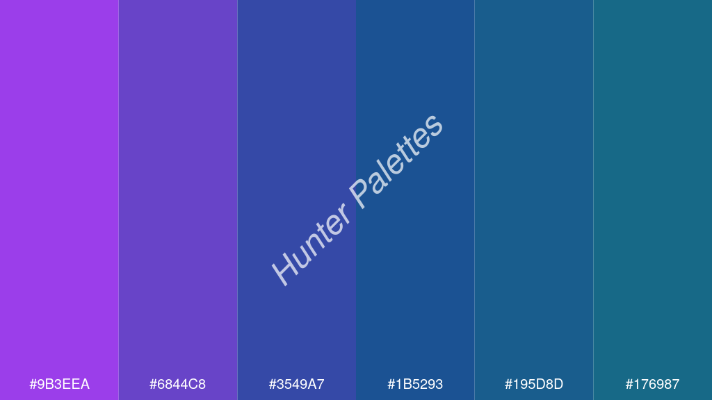 indigókék szín palettája a következőkkel: #9b3eea #6844c8 #3549a7 #1b5293 #195d8d #176987