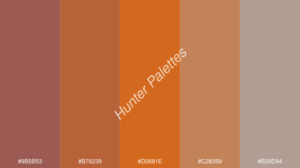 fahéj szín palettája a következőkkel: #9b5b53 #b76239 #d2691e #c28359 #b29d94